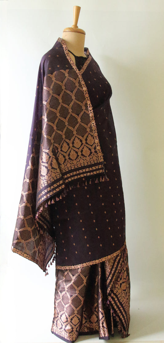 Purple Colour  Handloom Mulberry Silk Mekhla Chador Set from Assam