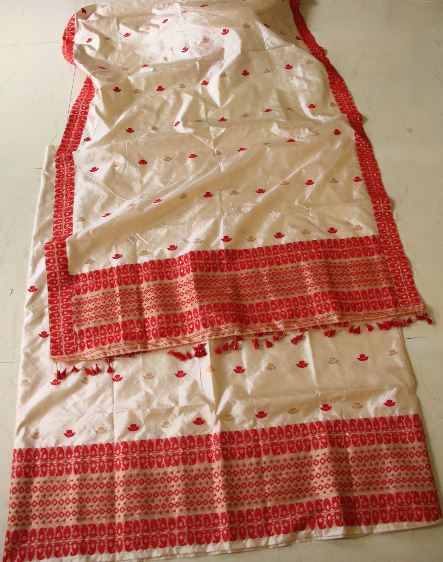 Soft Golden Beige Traditional Silk Mekhela Chador Set from Assam