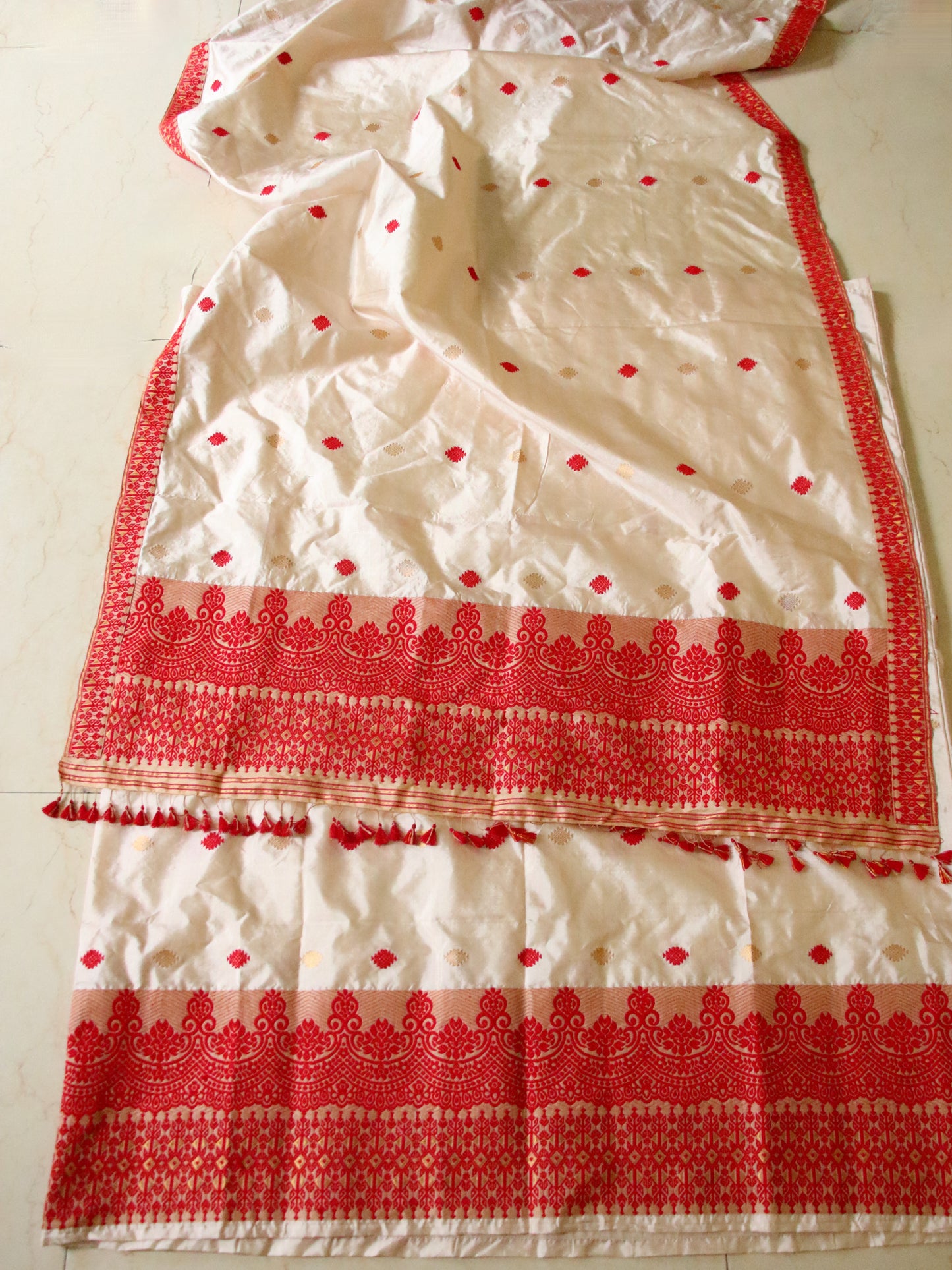 Soft Golden Beige Traditional Silk Mekhela Chador Set from Assam