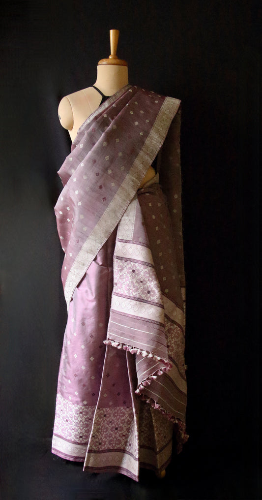 Natural Dyed  Handloom Mulberry Silk Mekhla Chador Set from Assam