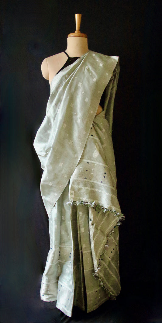 Pista Green Natural dyed Silk Mekhela Chador Set from Assam