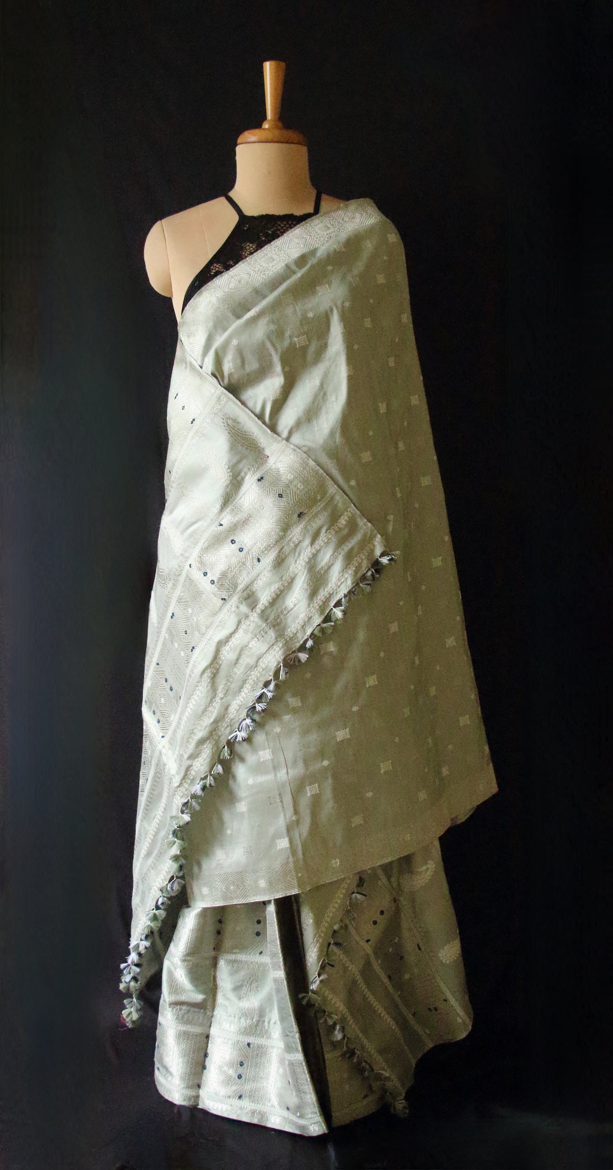 Pista Green Natural dyed Silk Mekhela Chador Set from Assam