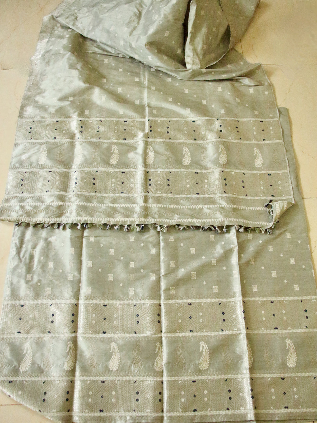 Pista Green Natural dyed Silk Mekhela Chador Set from Assam