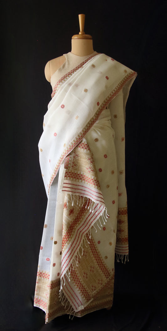 Natural Dyed Beige Cotton Silk  Handloom Mekhela Chador Set