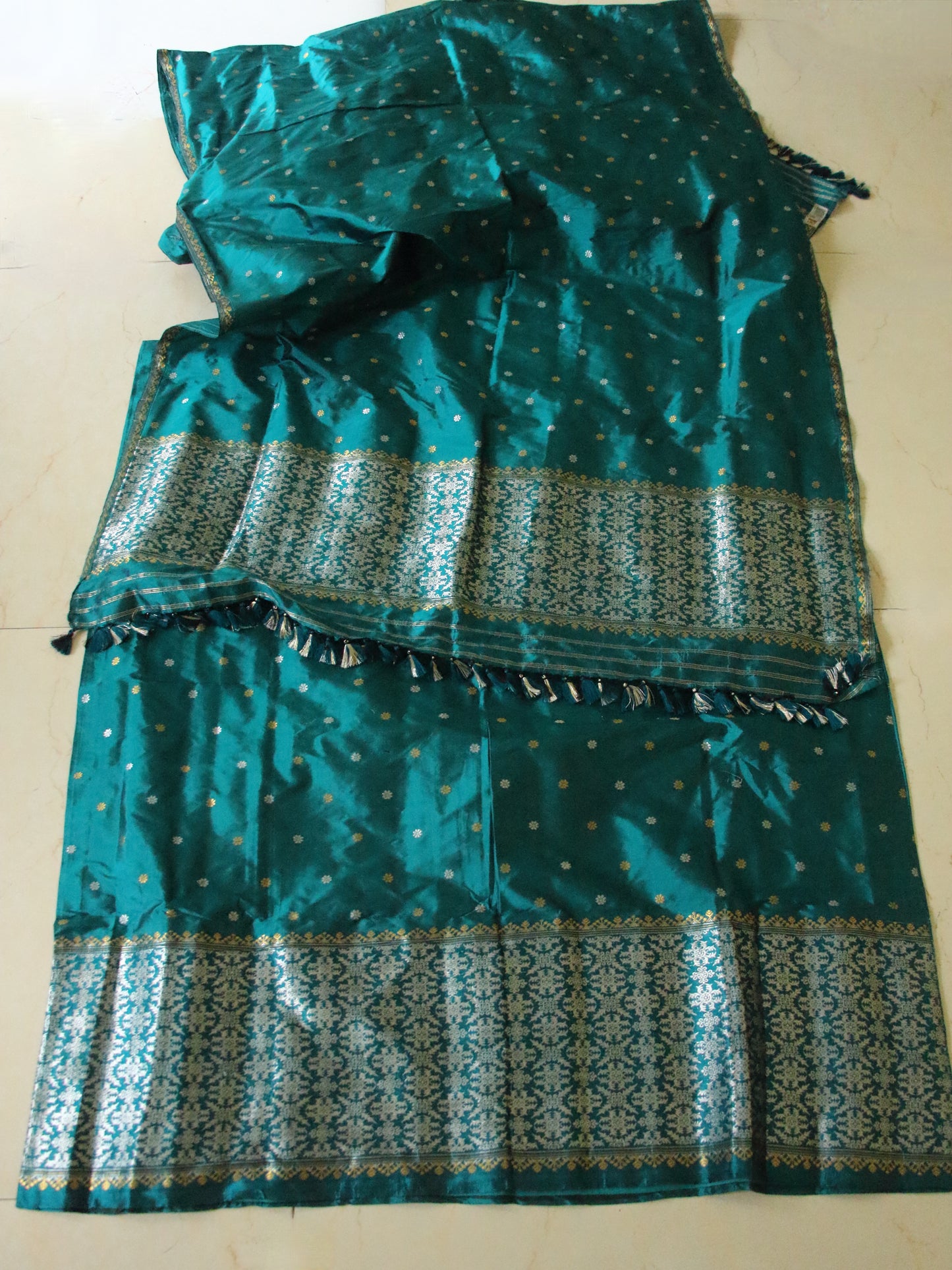Ferozi Green Handloom Mulberry Silk Mekhla Chador Set from Assam