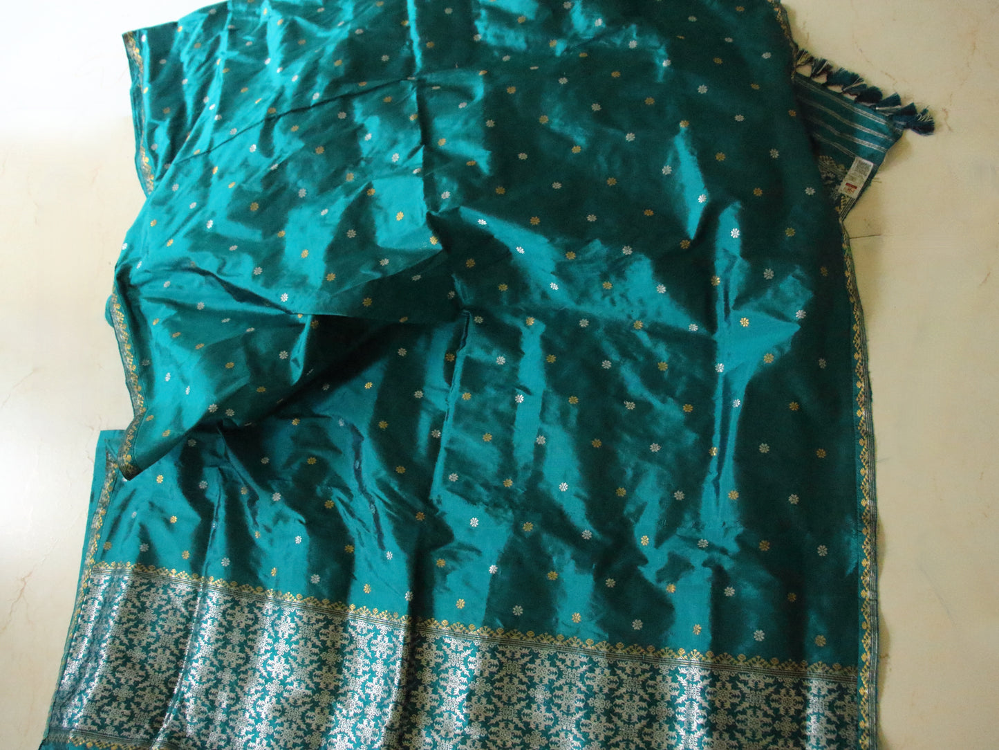 Ferozi Green Handloom Mulberry Silk Mekhla Chador Set from Assam