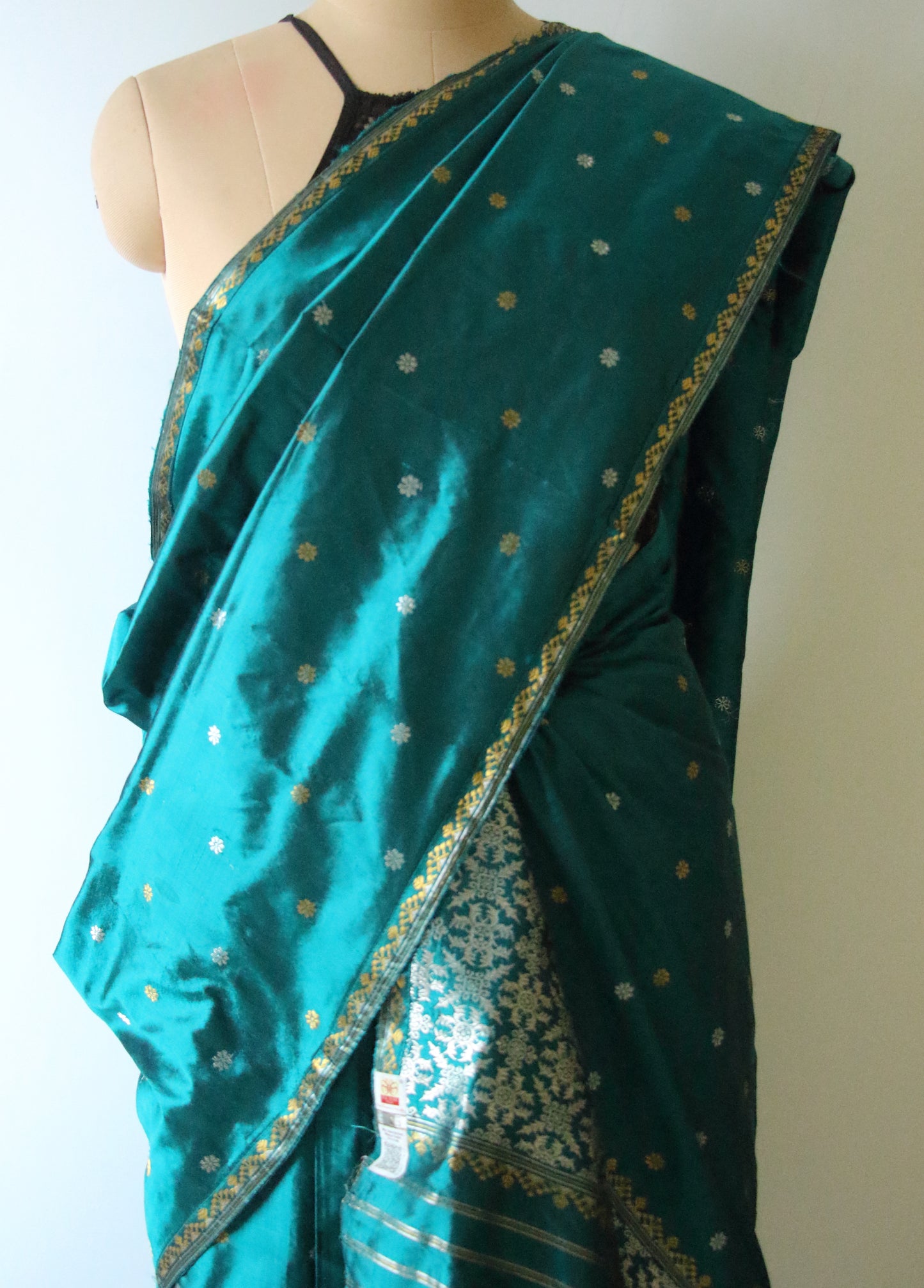 Ferozi Green Handloom Mulberry Silk Mekhla Chador Set from Assam