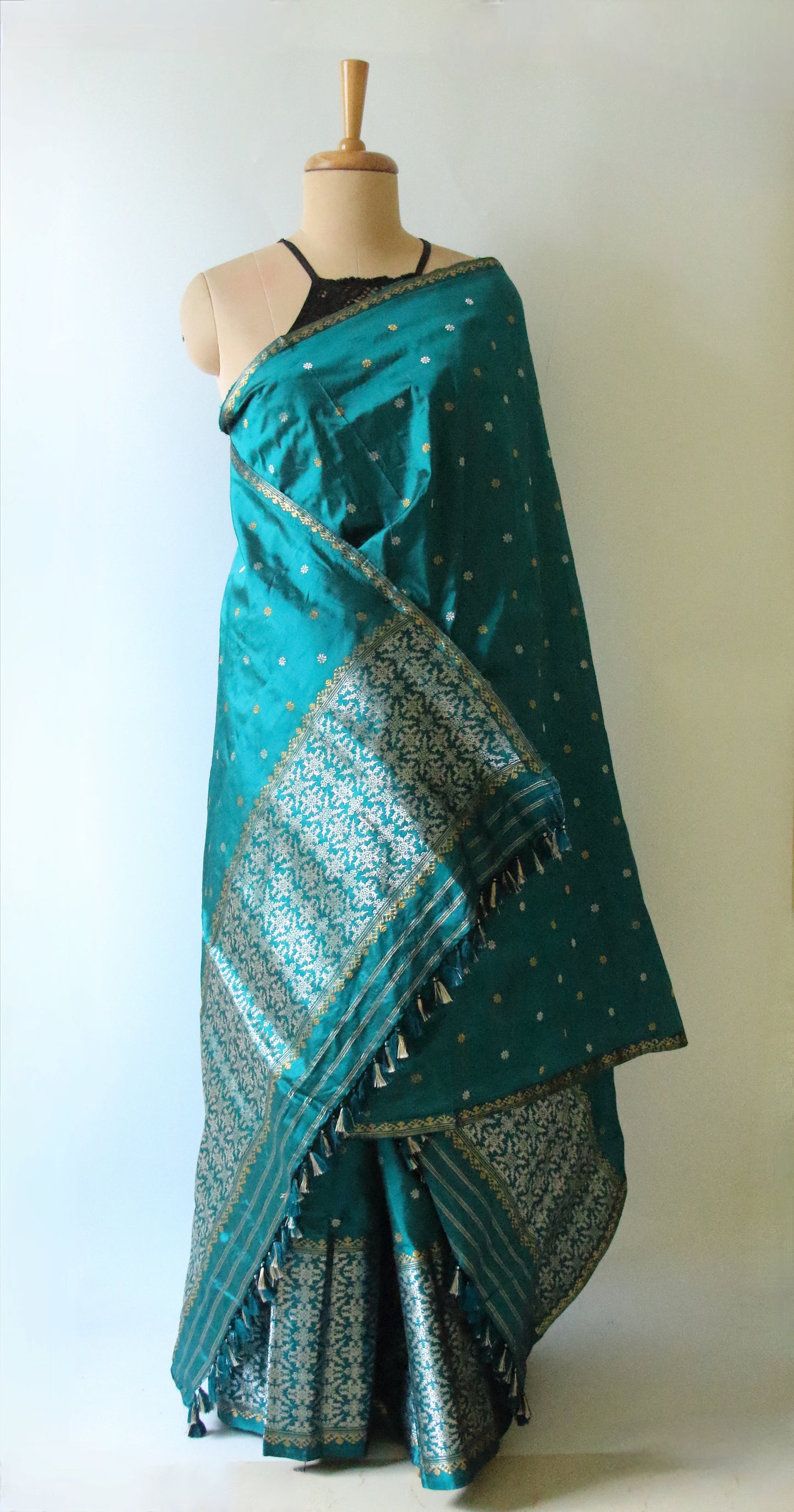 Ferozi Green Handloom Mulberry Silk Mekhla Chador Set from Assam