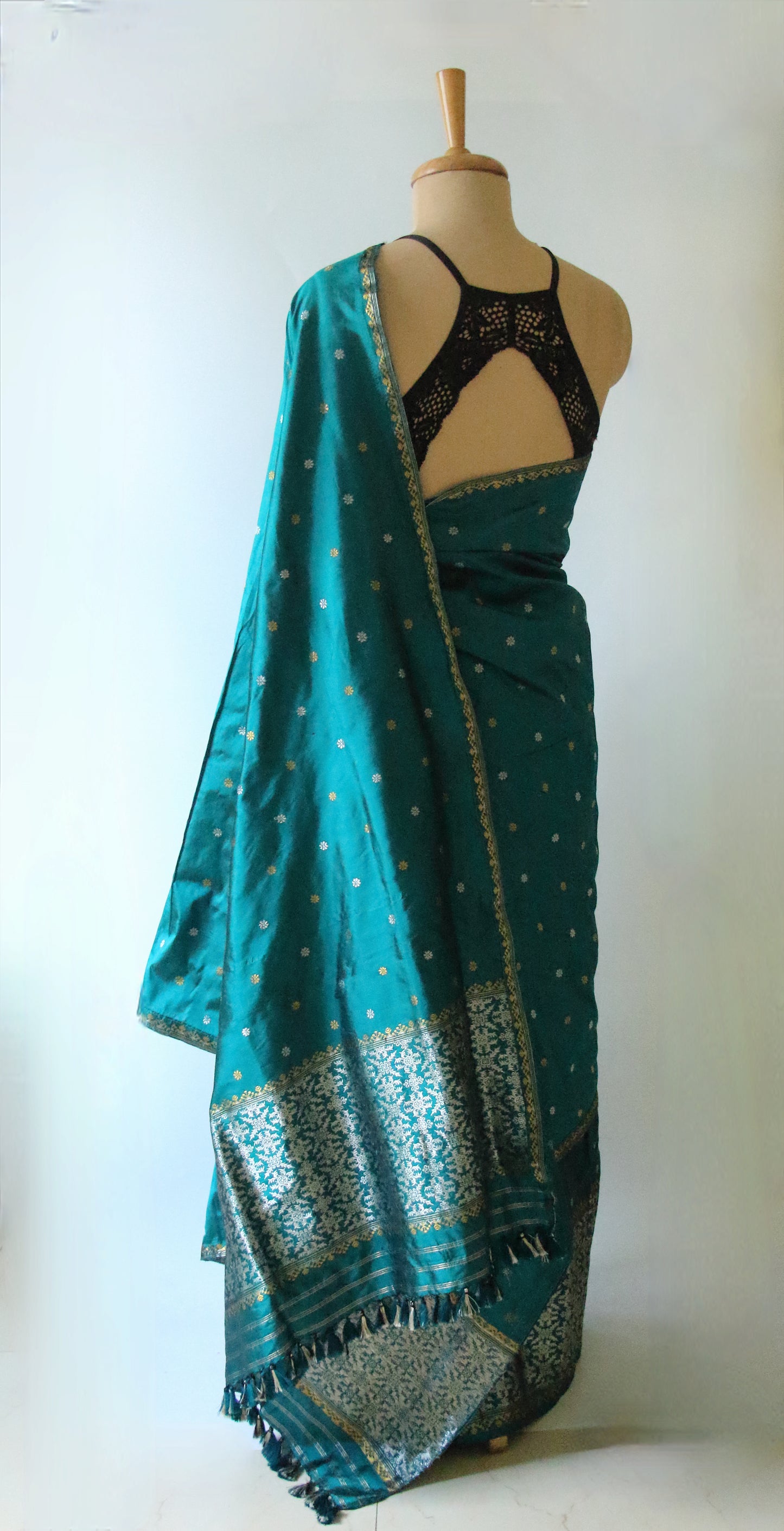 Ferozi Green Handloom Mulberry Silk Mekhla Chador Set from Assam