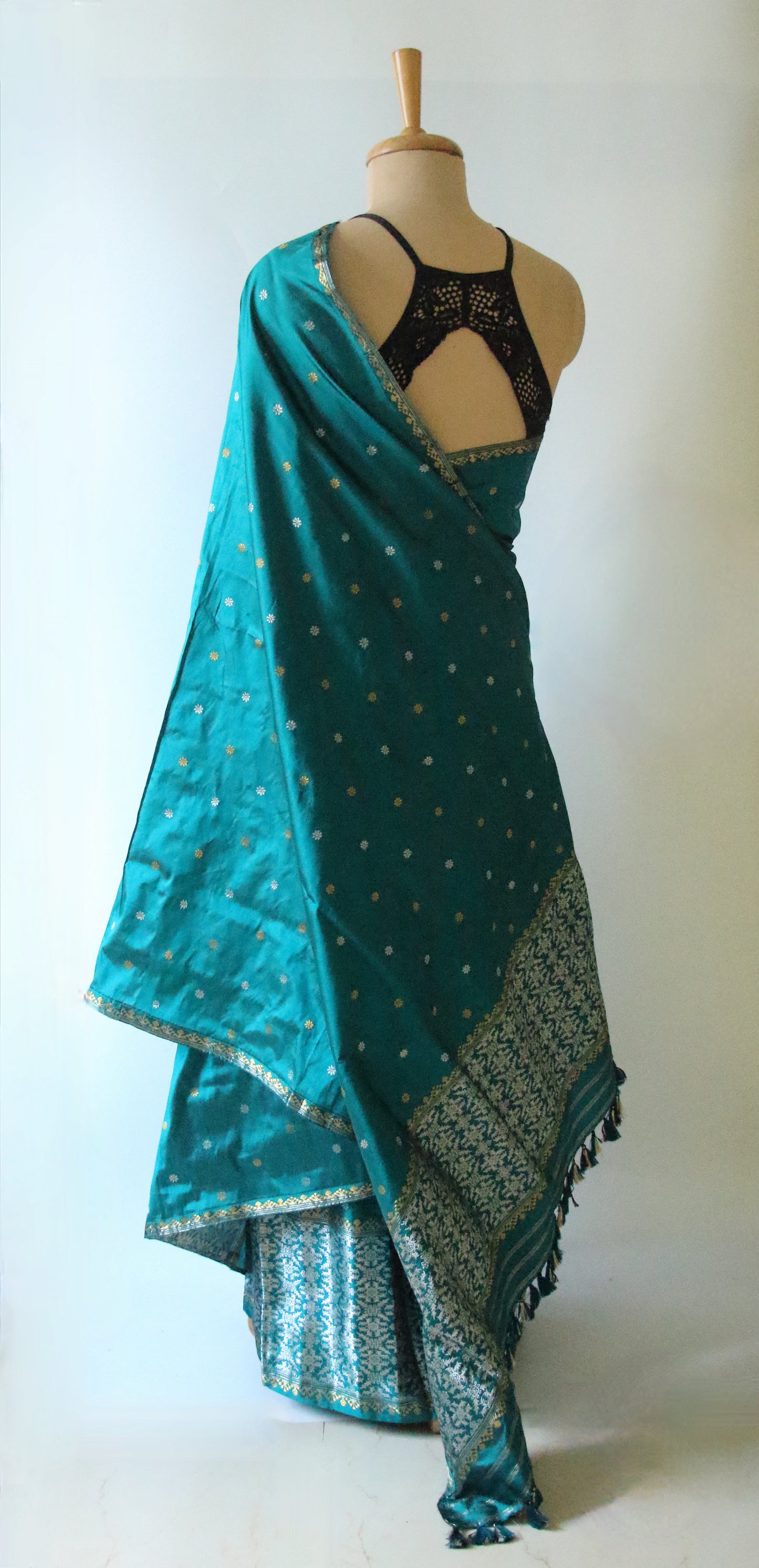 Ferozi Green Handloom Mulberry Silk Mekhla Chador Set from Assam