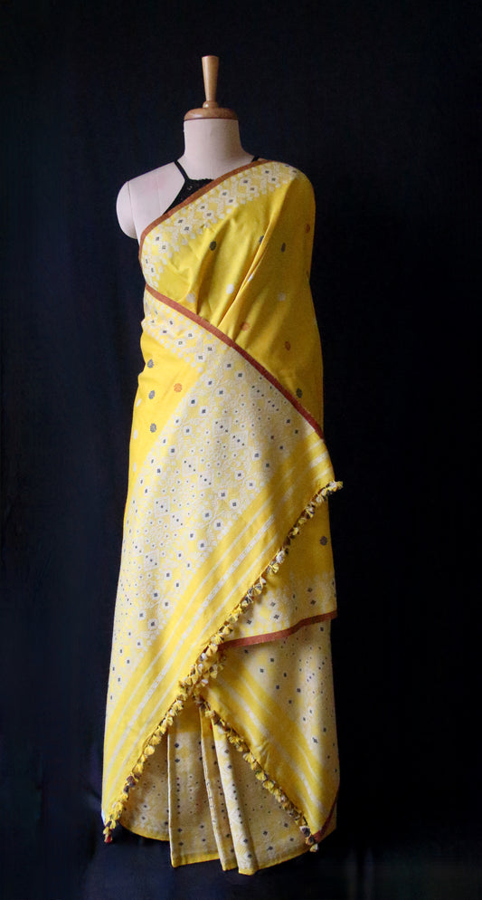 Yellow Narural Dyed Eri Silk Traditional Mekhela Chador Set from Assam