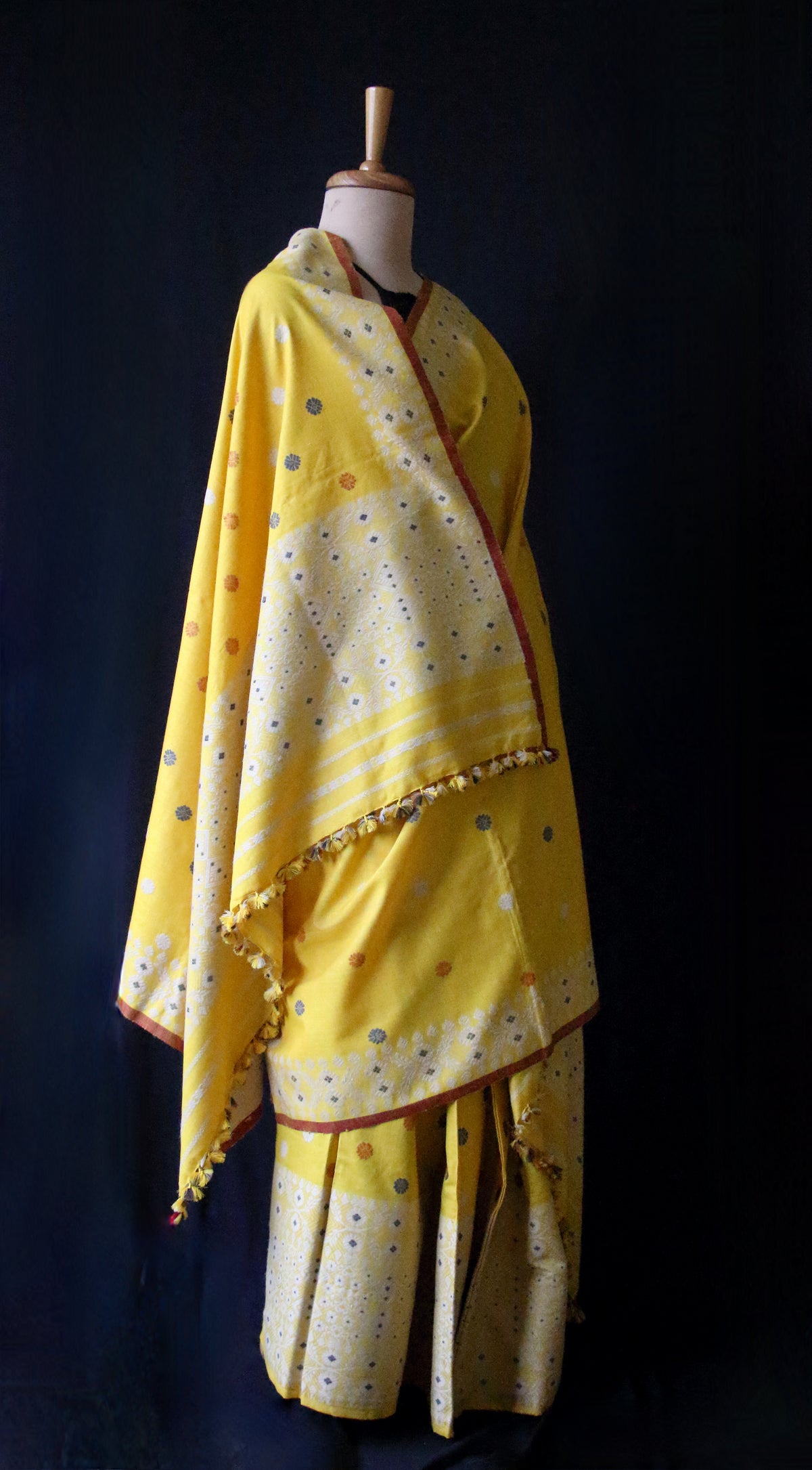 Yellow Narural Dyed Eri Silk Traditional Mekhela Chador Set from Assam