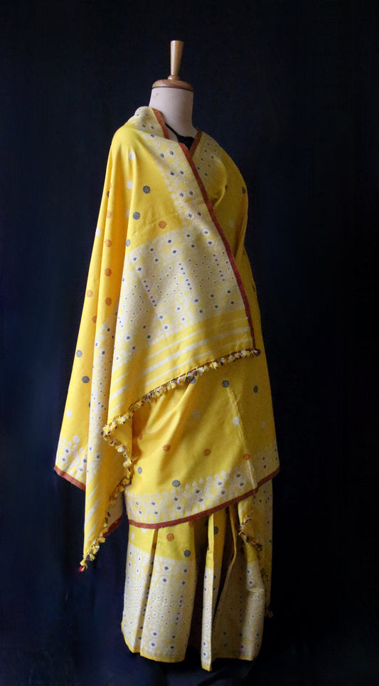 Yellow Narural Dyed Eri Silk Traditional Mekhela Chador Set from Assam