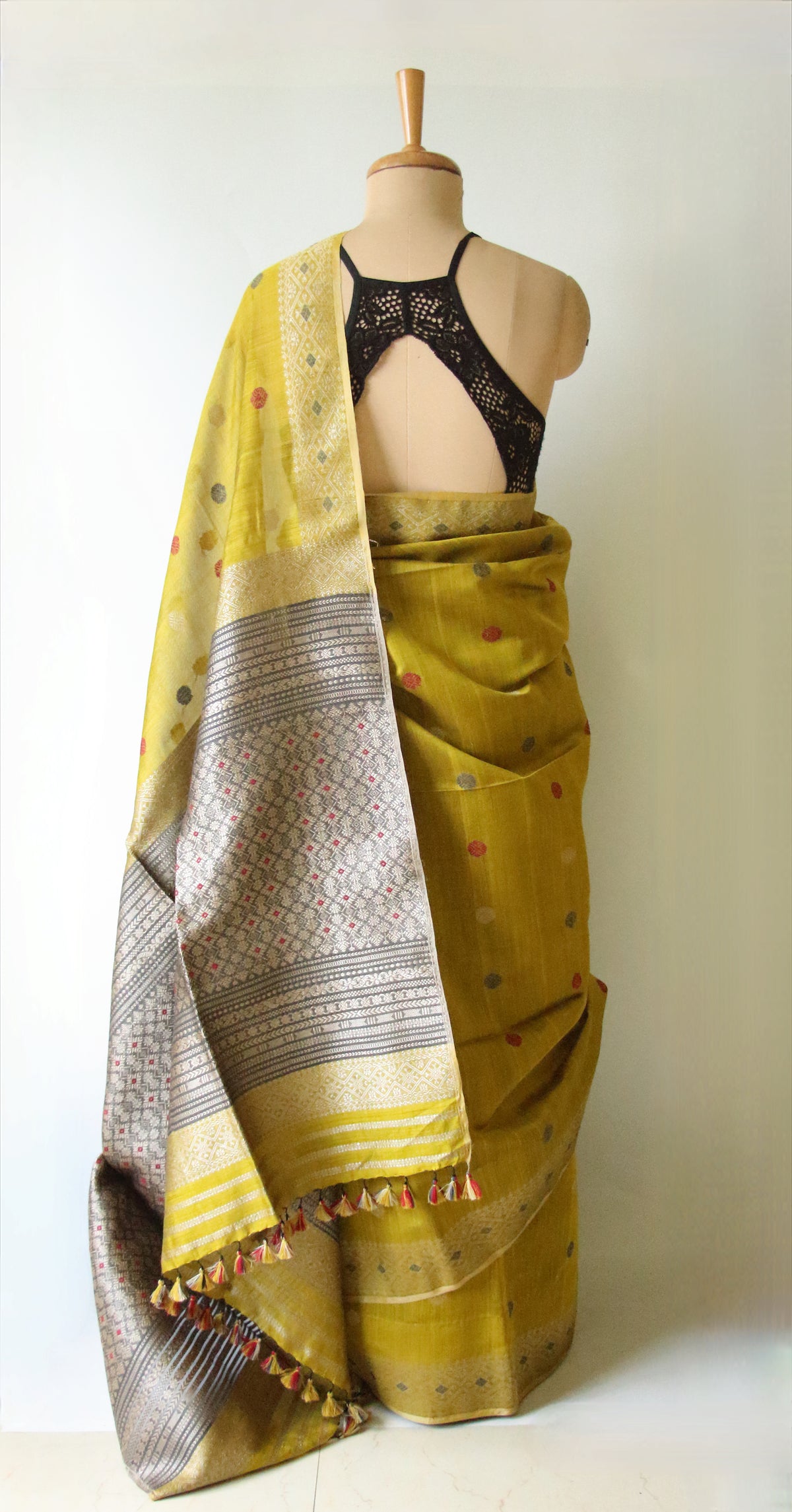 Natural Dyed Bright Green Handloom Silk  Saree from Assam