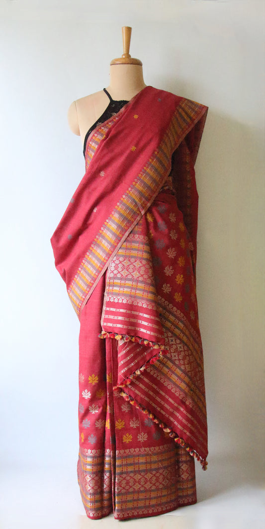 Maroon Narural Dyed Eri Silk Traditional Mekhela Chador Set from Assam