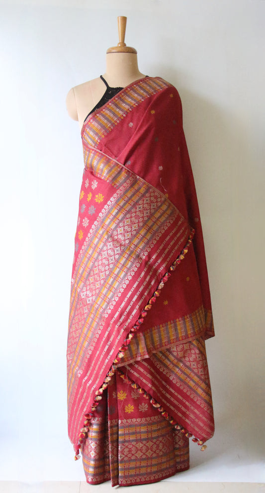 Maroon Narural Dyed Eri Silk Traditional Mekhela Chador Set from Assam