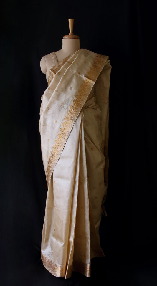 Handloom Tassar Silk Sari with motifs in Golden Zari