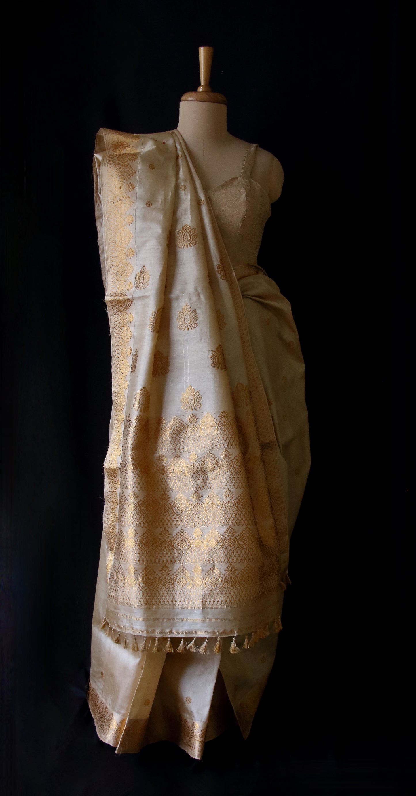Handloom Tassar Silk Sari with motifs in Golden Zari