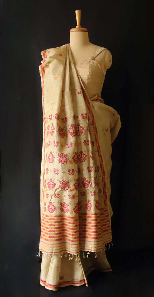 Muga Silk Saree with natural dyed Eri Silk  motifs from Assam