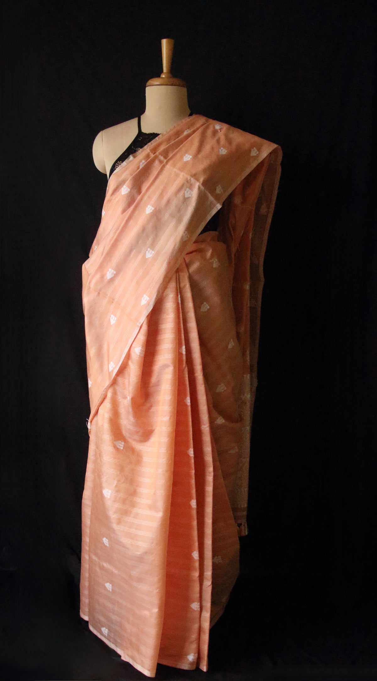Soft Orange Handloom Silk Saree with chequered effect from Assam