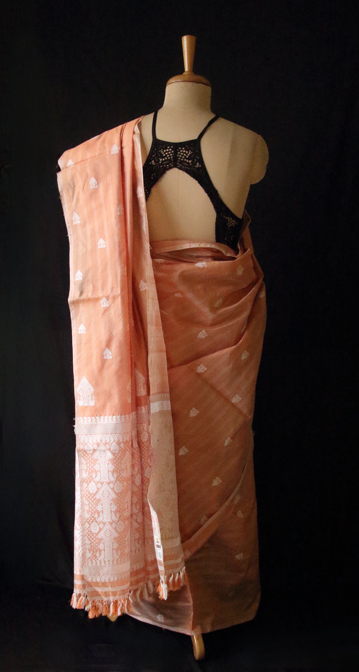 Soft Orange Handloom Silk Saree with chequered effect from Assam