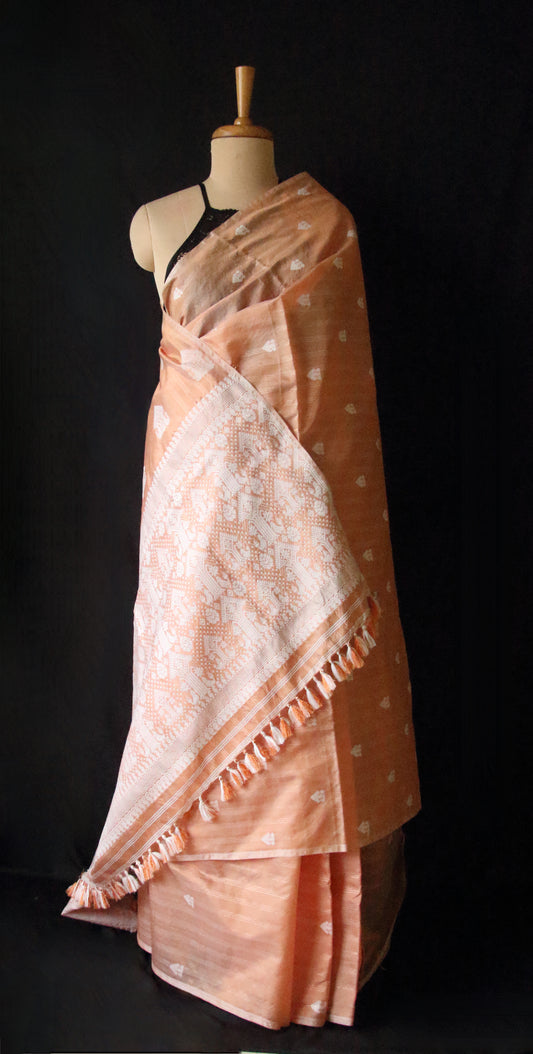 Soft Orange Handloom Silk Saree with chequered effect from Assam