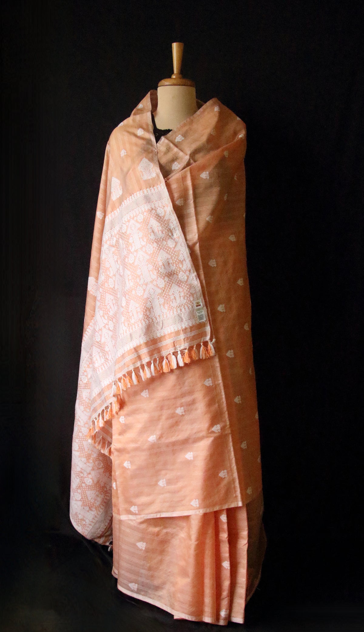 Soft Orange Handloom Silk Saree with chequered effect from Assam