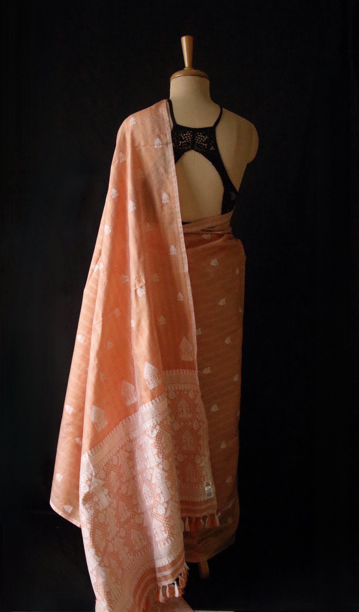 Soft Orange Handloom Silk Saree with chequered effect from Assam