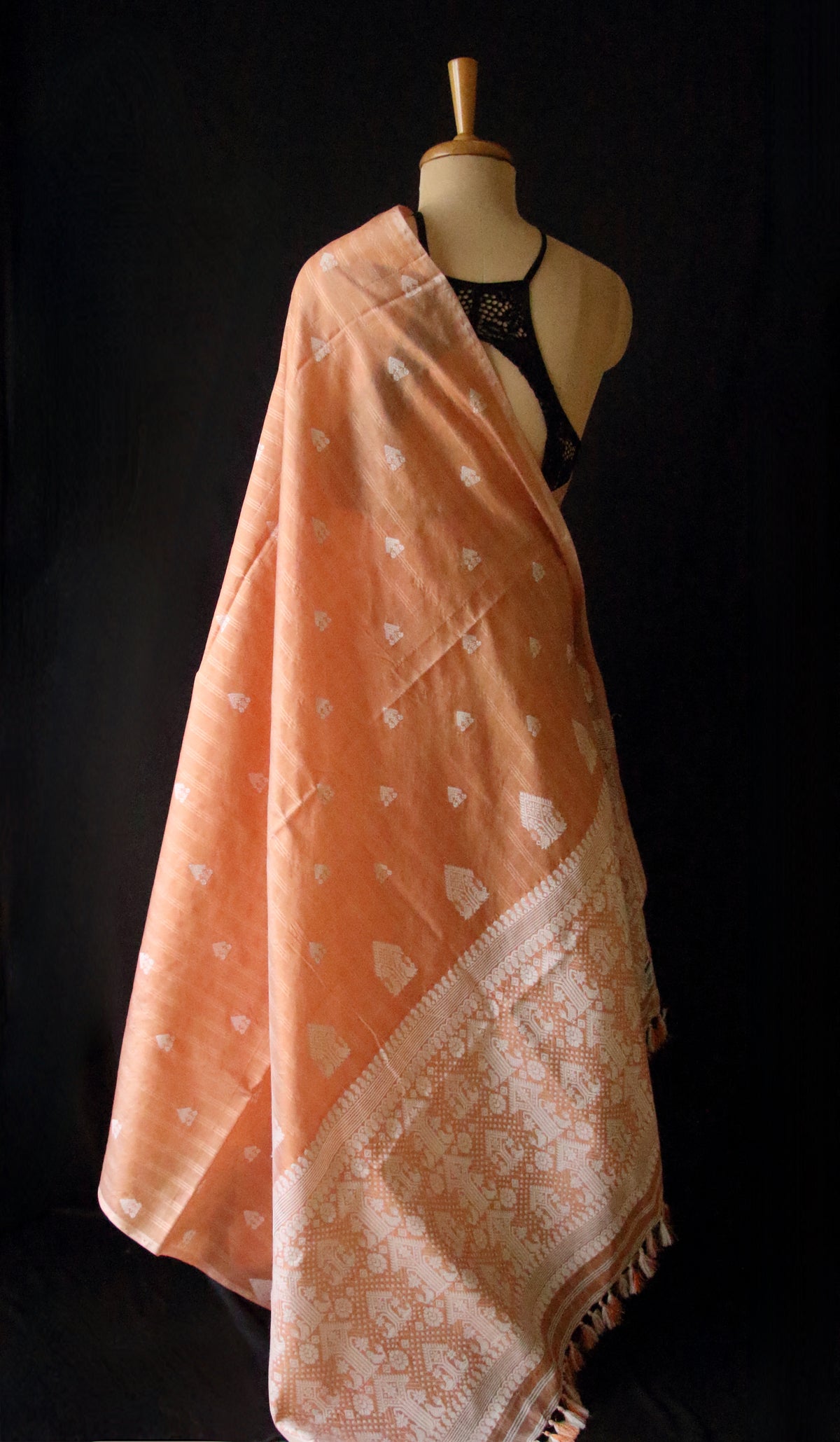 Soft Orange Handloom Silk Saree with chequered effect from Assam