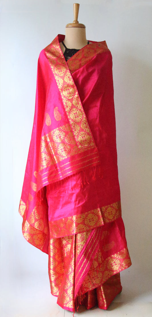 Rani Pink  Traditional Handloom Mulberry Silk Mekhla Chador Set from Assam