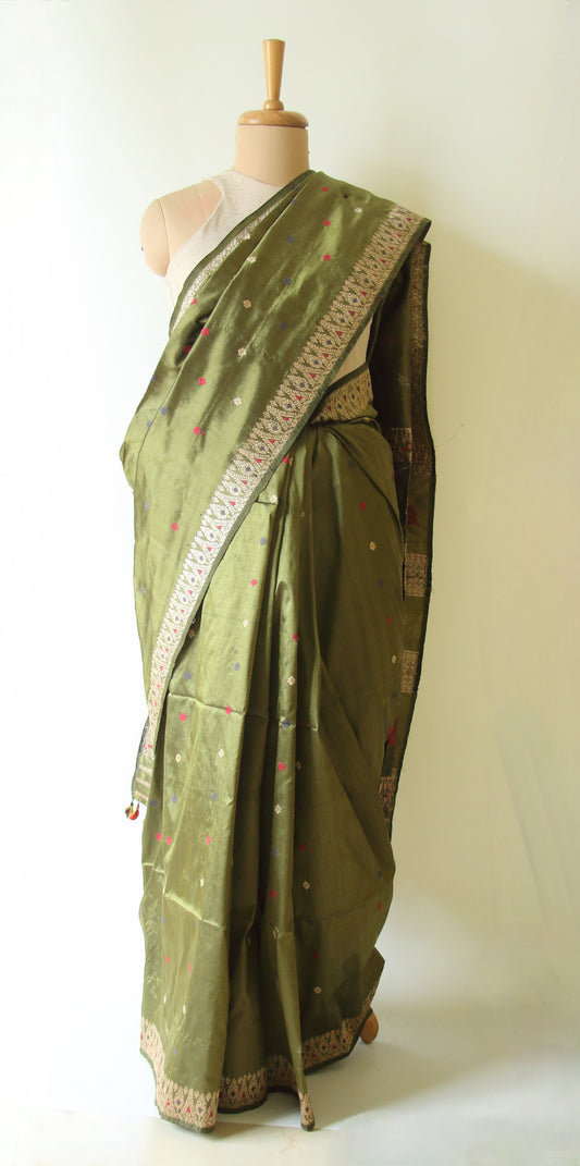 Exclusive Mehendi Green  Natural Dyed Mulberry Silk Saree from Assam , India