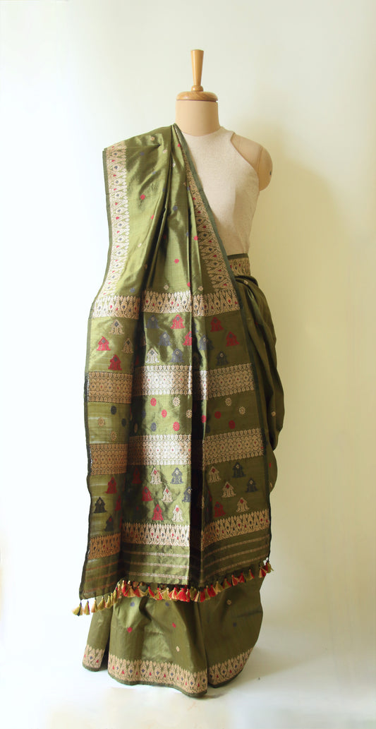 Exclusive Mehendi Green  Natural Dyed Mulberry Silk Saree from Assam , India