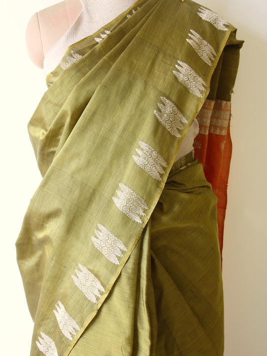 Olive Green Orange Handloom Modal by Silk Saree
