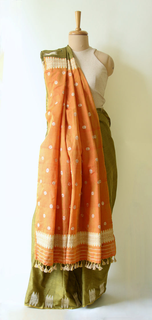 Olive Green Orange Handloom Modal by Silk Saree