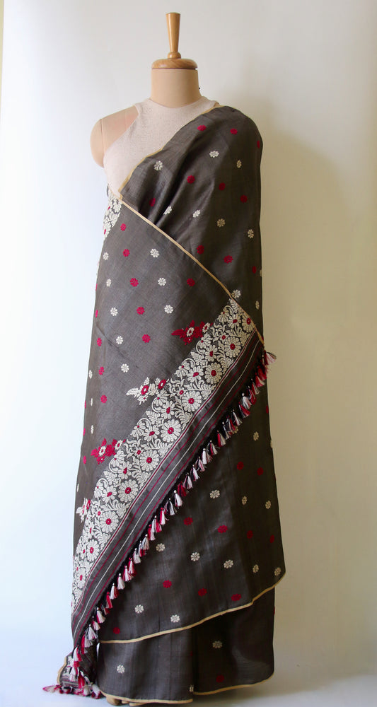 Black  Handloom Modal by Tassar Silk Saree