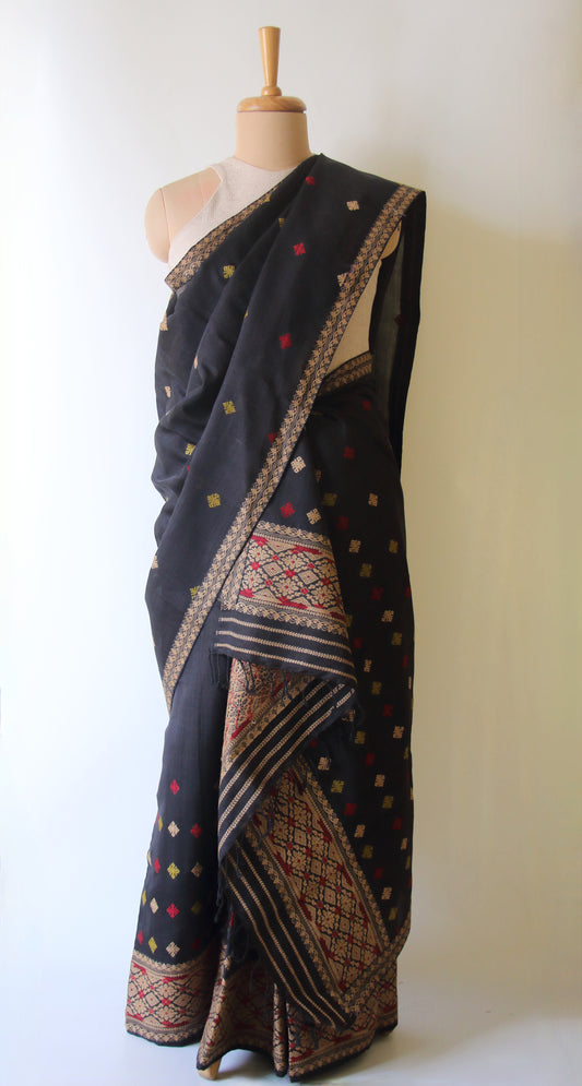 Natural Dyed Black Cotton Silk  Mekhela Chador Set
