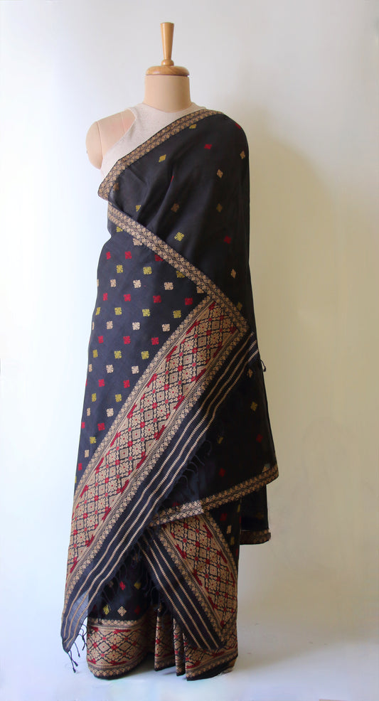 Natural Dyed Black Cotton Silk  Mekhela Chador Set