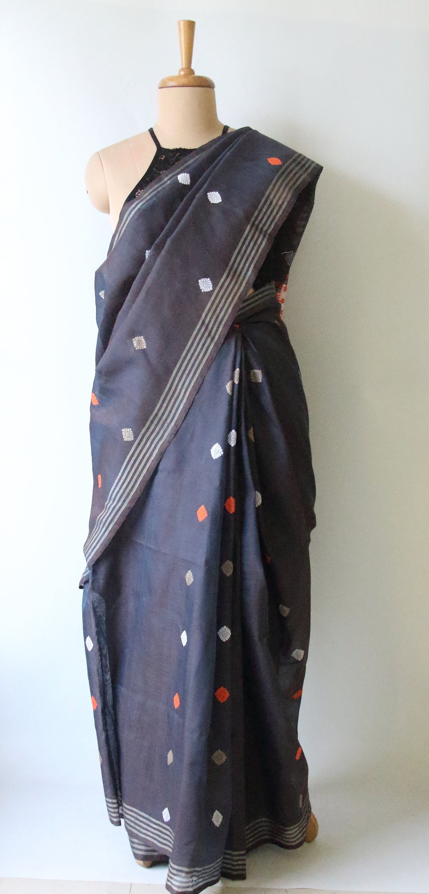 Two Tone Grey Handloom Cotton Silk Saree from Assam