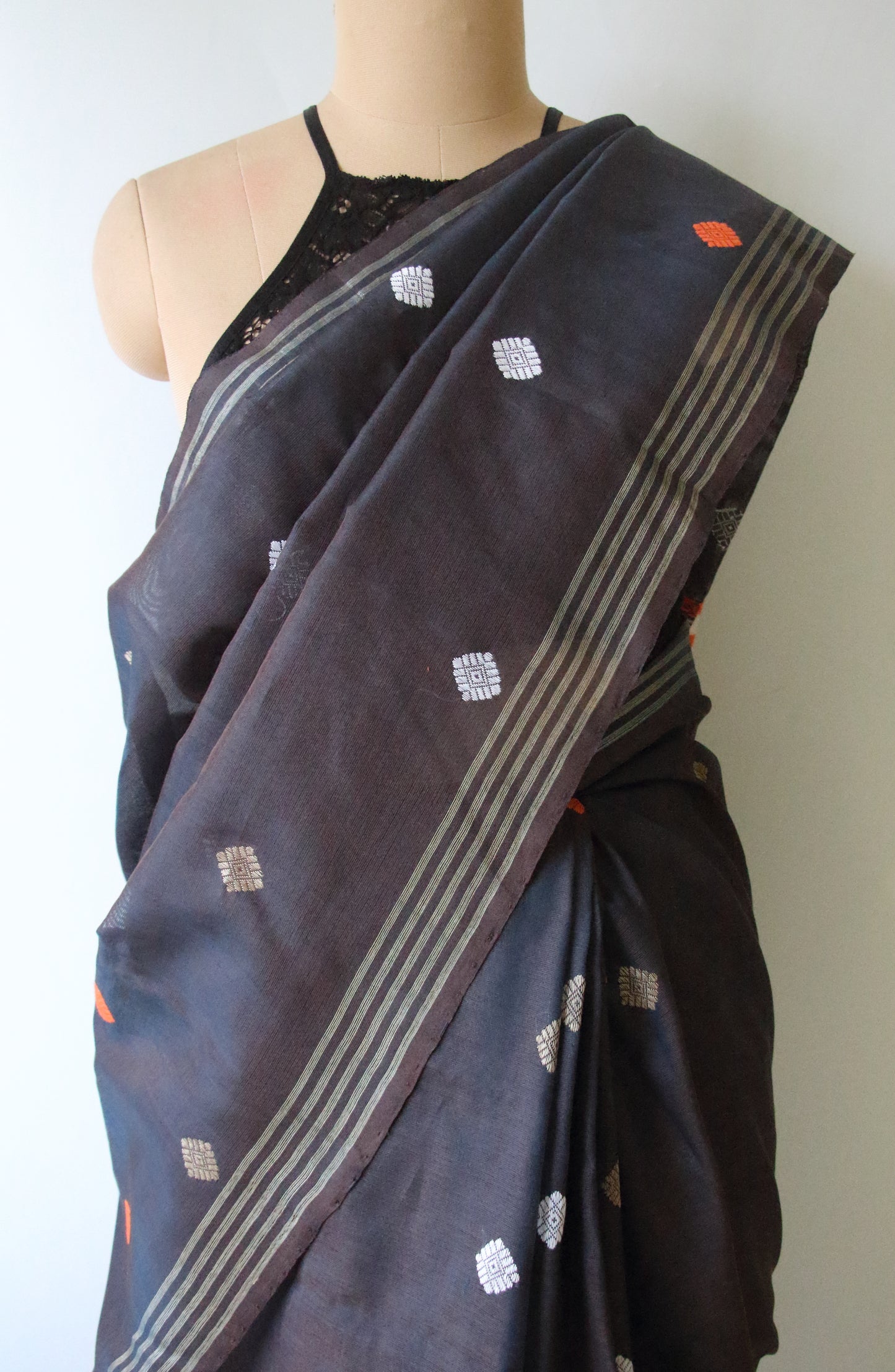 Two Tone Grey Handloom Cotton Silk Saree from Assam