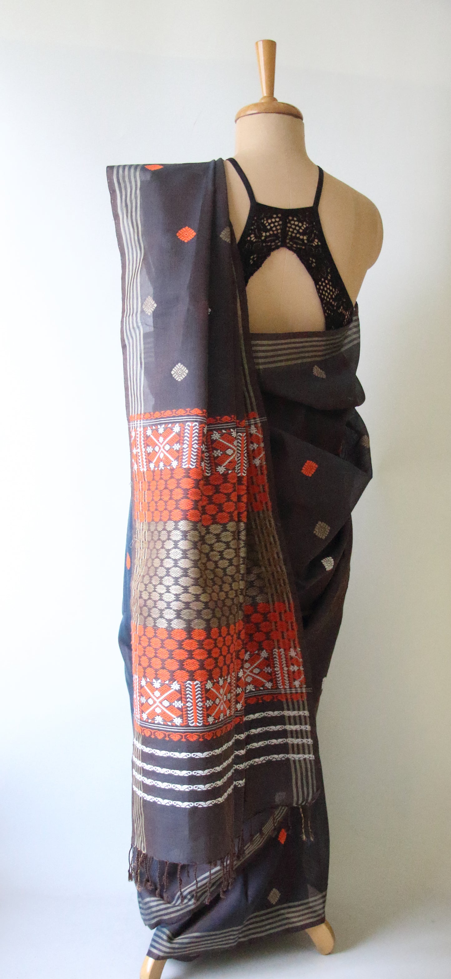 Two Tone Grey Handloom Cotton Silk Saree from Assam