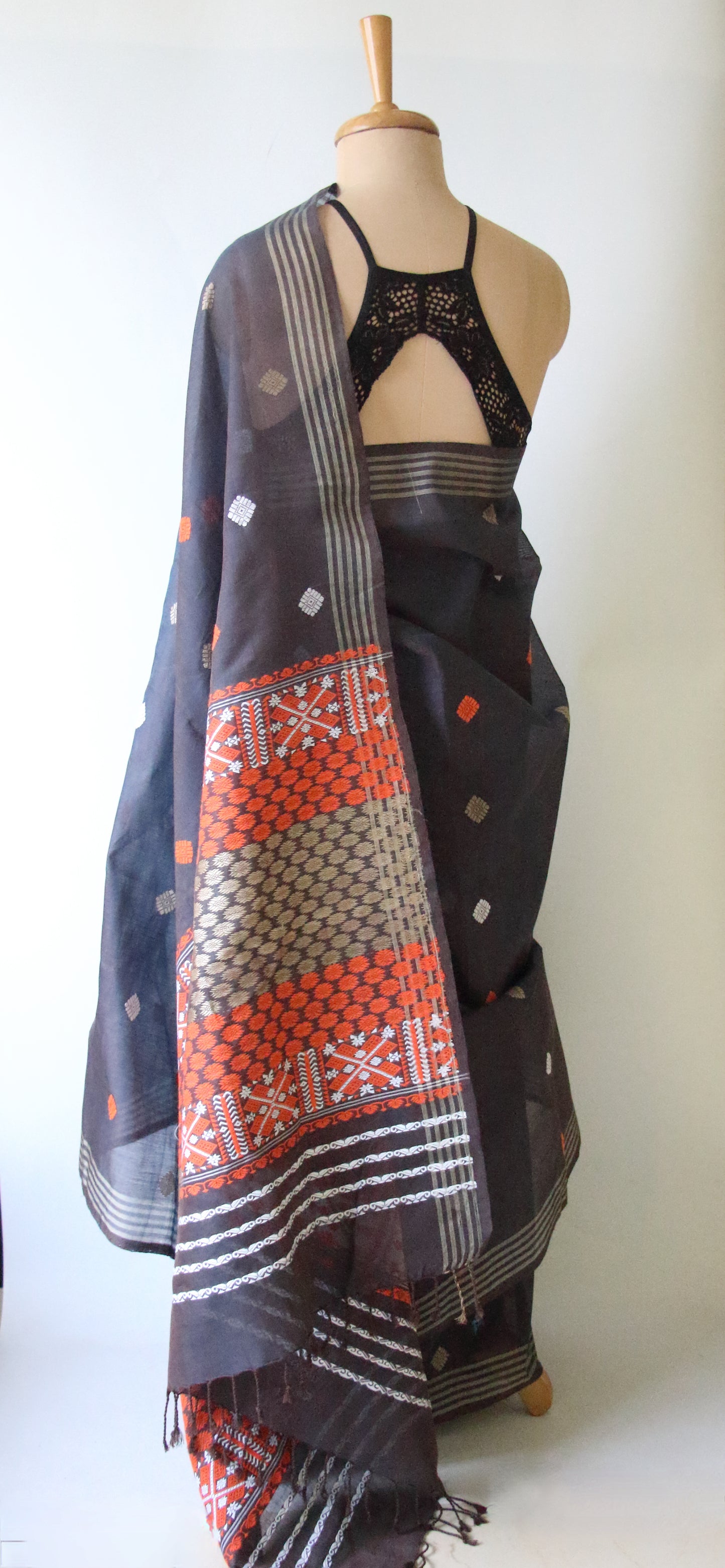 Two Tone Grey Handloom Cotton Silk Saree from Assam
