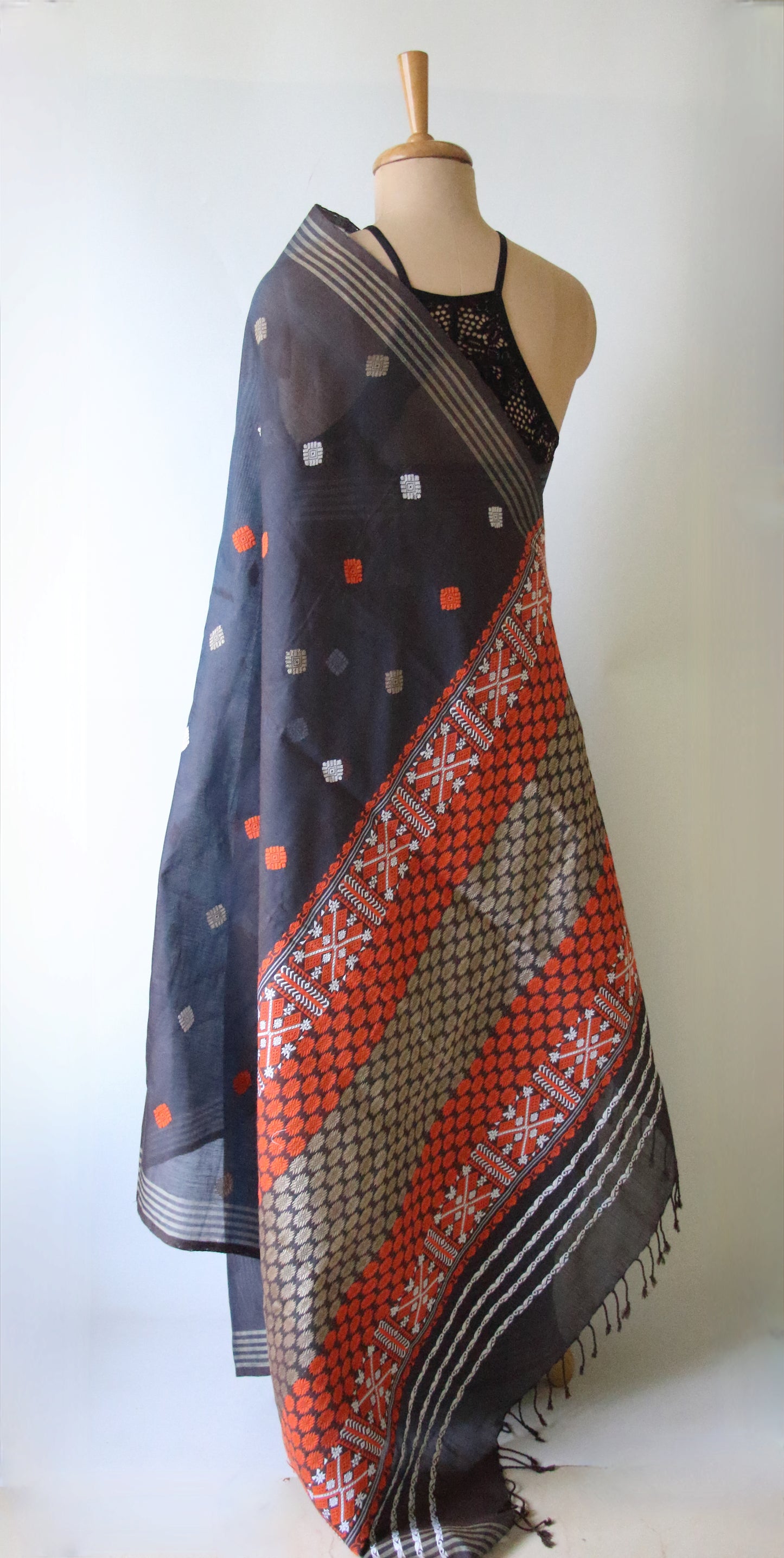 Two Tone Grey Handloom Cotton Silk Saree from Assam
