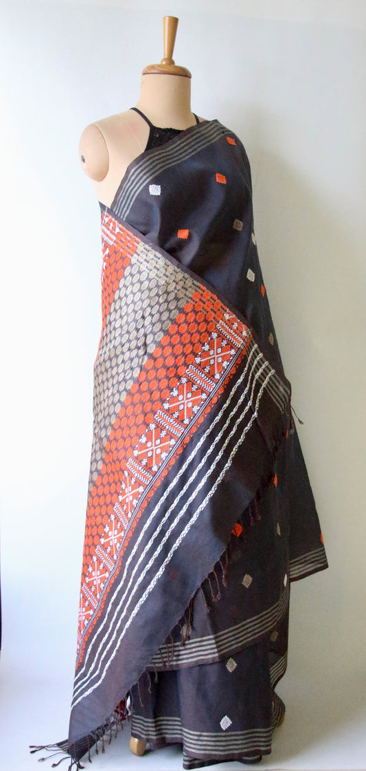 Two Tone Grey Handloom Cotton Silk Saree from Assam