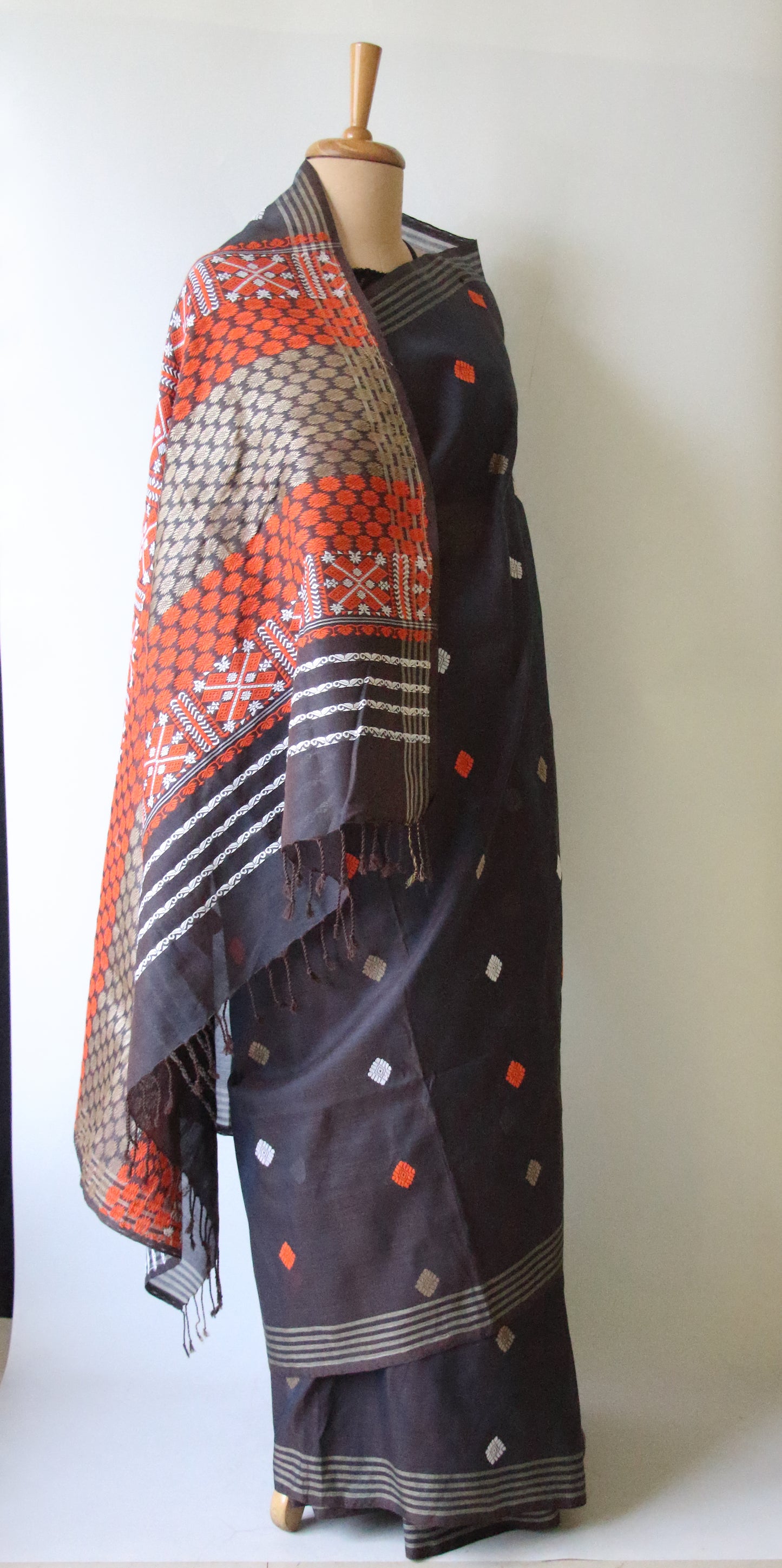 Two Tone Grey Handloom Cotton Silk Saree from Assam