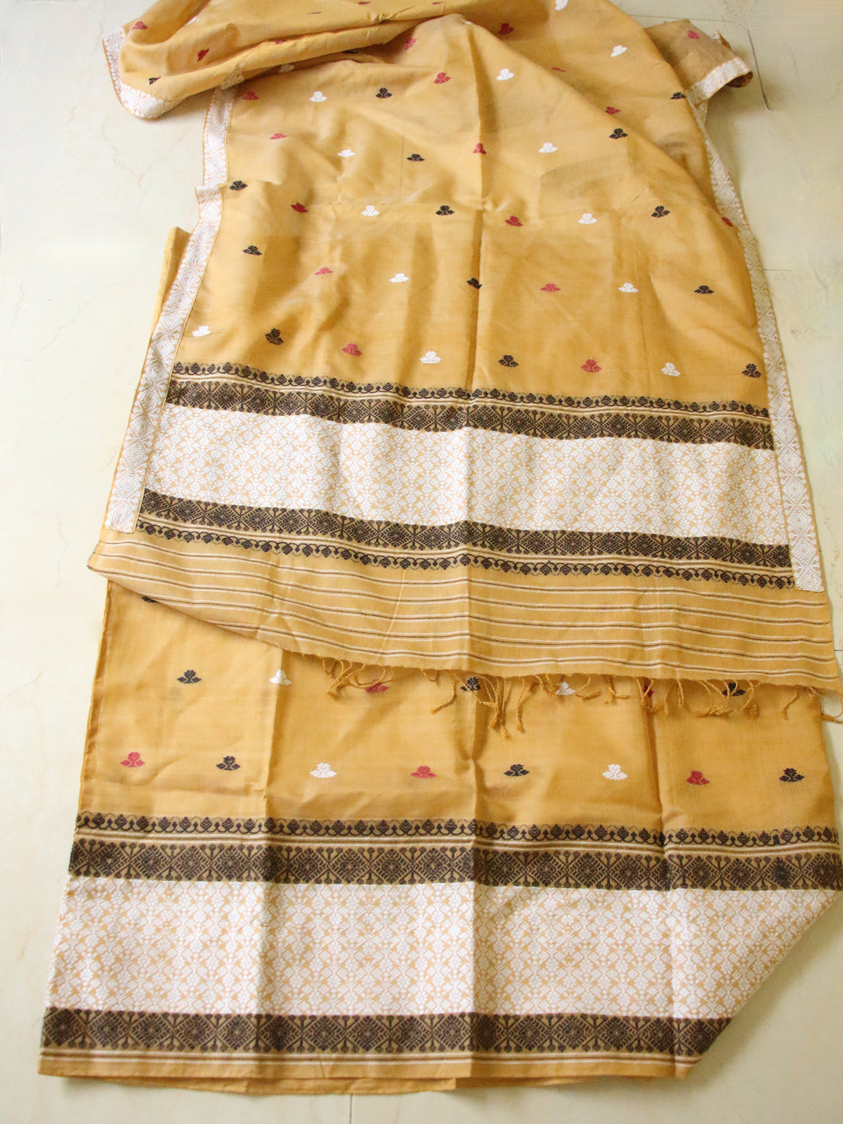 Natural Dyed  Soft Yellow Cotton Silk Handloom Mekhela Chador Set from Assam