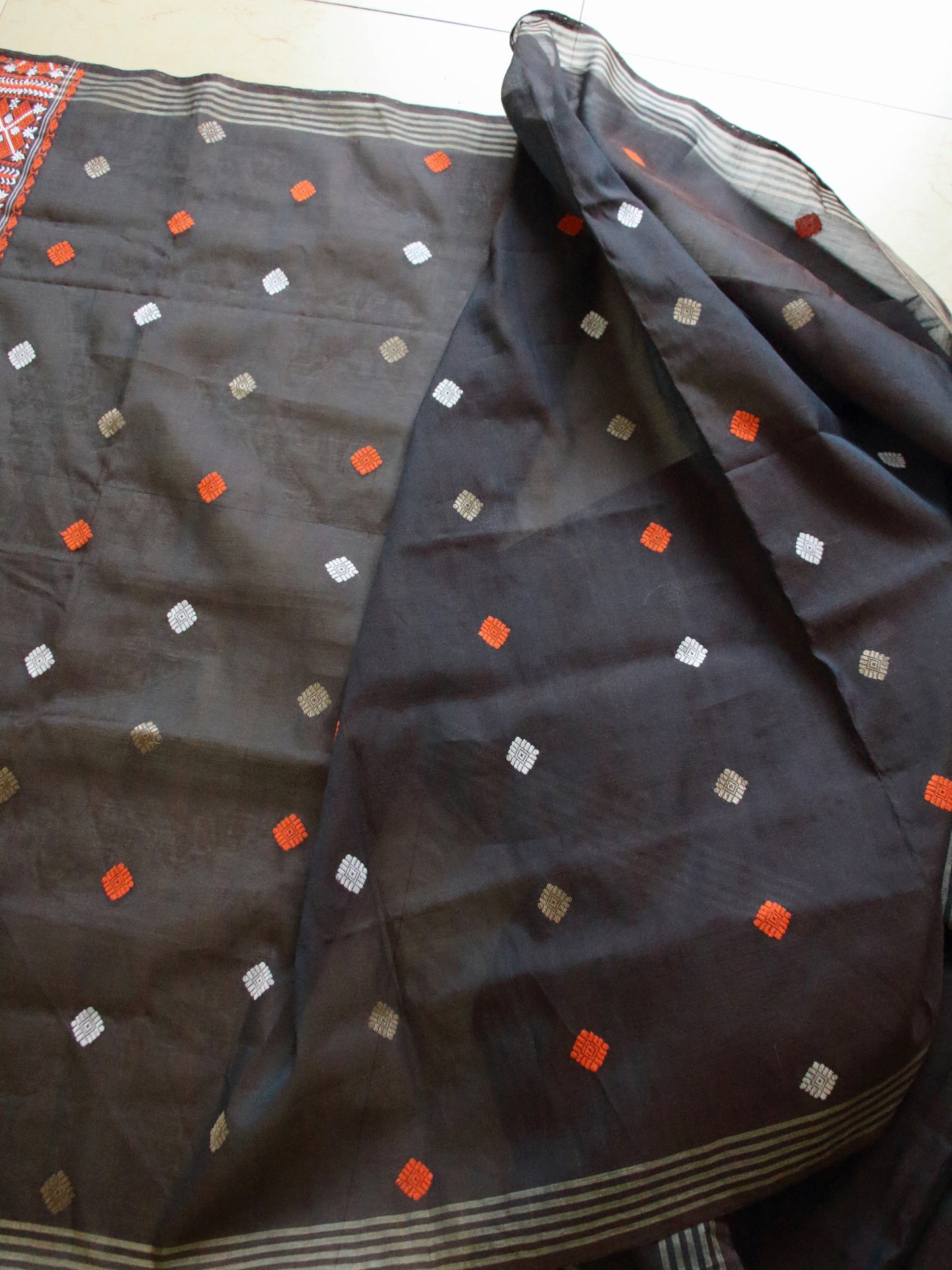 Two Tone Grey Handloom Cotton Silk Saree from Assam