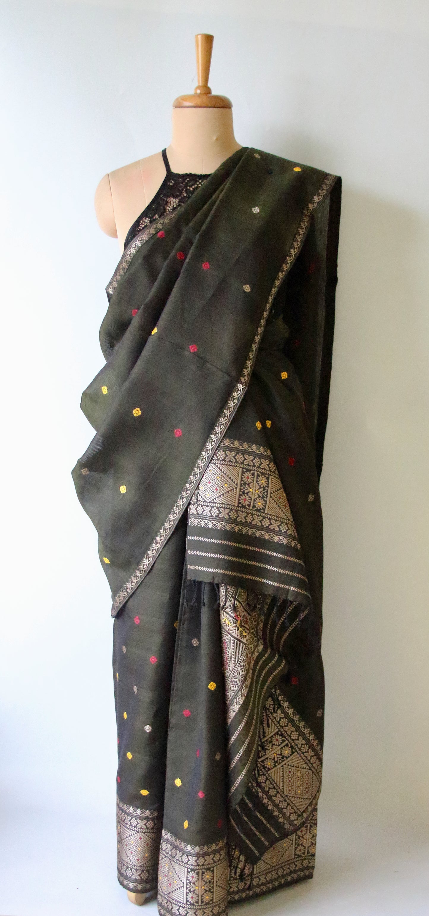 Bottle Green Natural dyed  Cotton Silk Handloom Mekhela Chador Set from Assam
