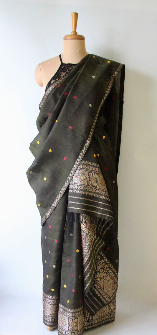 Bottle Green Natural dyed  Cotton Silk Handloom Mekhela Chador Set from Assam