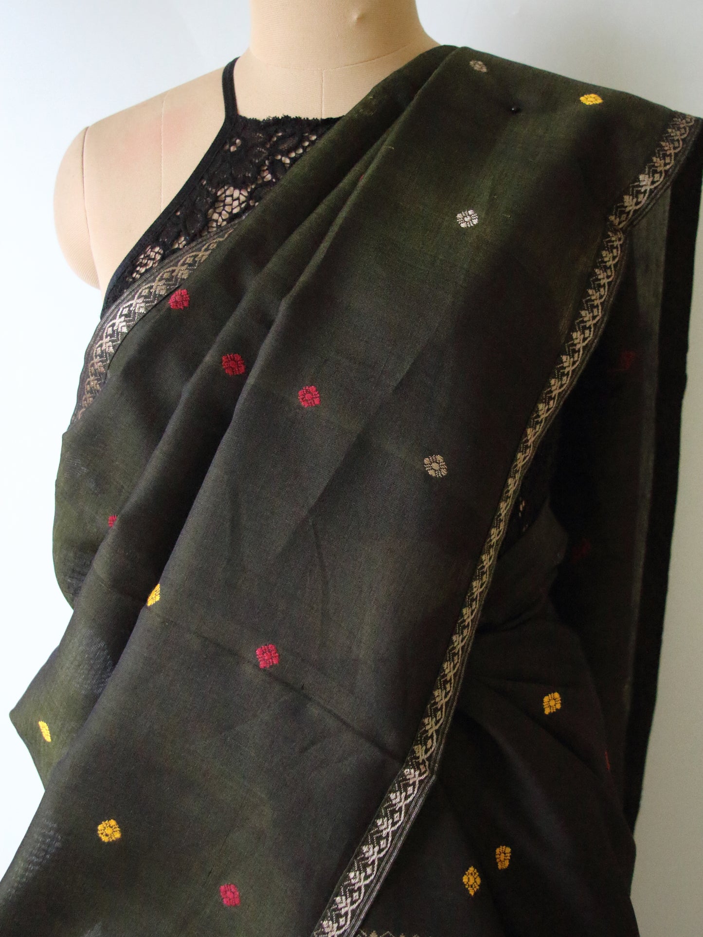 Bottle Green Natural dyed  Cotton Silk Handloom Mekhela Chador Set from Assam