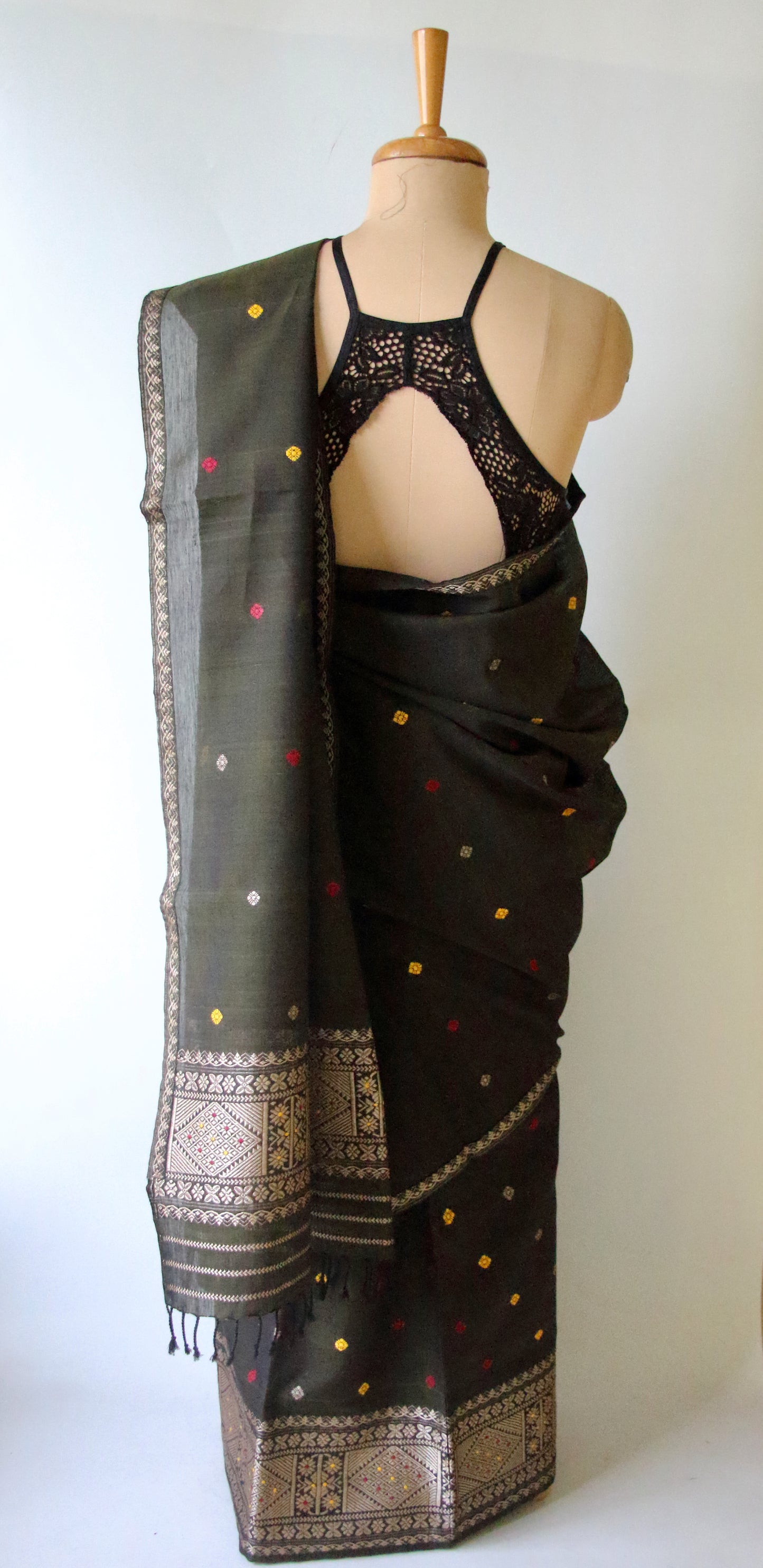 Bottle Green Natural dyed  Cotton Silk Handloom Mekhela Chador Set from Assam